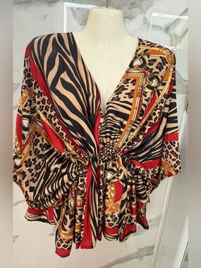 Pastels Red, Tan & Black Animal-Print Tie-Front Tunic